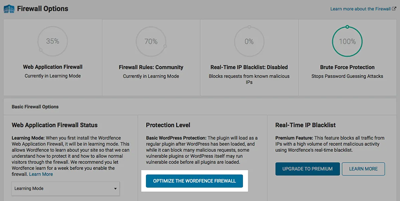 WordFence optimize firewall - extended protection